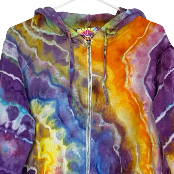 Handmade Geode Tie Dye Thermal Hoodie Womens Size Large Full Zip Colorful Pocket - Picture 3 of 12